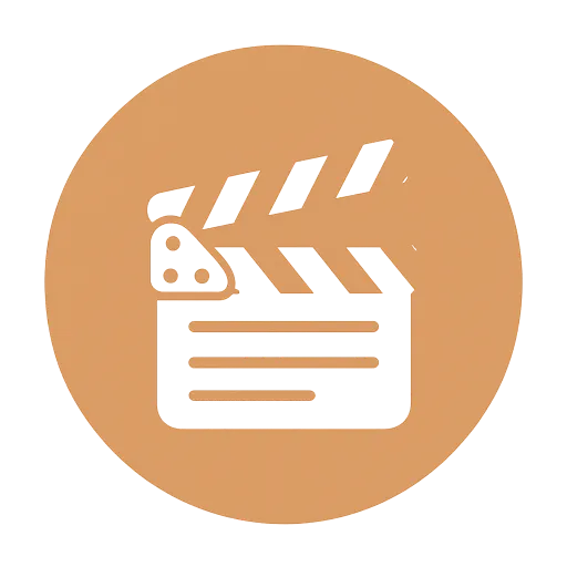 White silhouette of open film clapperboard with raised arm and horizontal lines on pale orange circular background. Minimalist flat icon style.