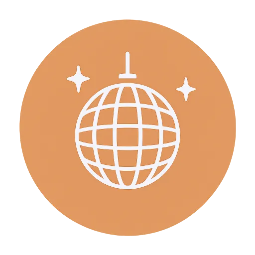 home - White silhouette of disco ball with grid pattern surface and starburst shapes on sides on pale orange circular background. Sparkly flat icon design.