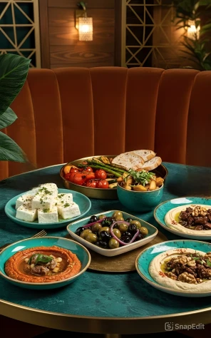 Mediterranean mezze on teal table with golden rim. Grilled asparagus, roasted tomatoes, bread on golden platter. Turquoise bowls with hummus topped with meat, walnuts, olive oil. White feta cubes. Olive mix. Orange banquette, decorative panels, warm lighting in background.