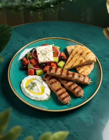 Three grilled meat skewers with Greek salad of red tomatoes, green cucumbers, white feta cheese, grilled flatbread, and white dill dipping sauce.