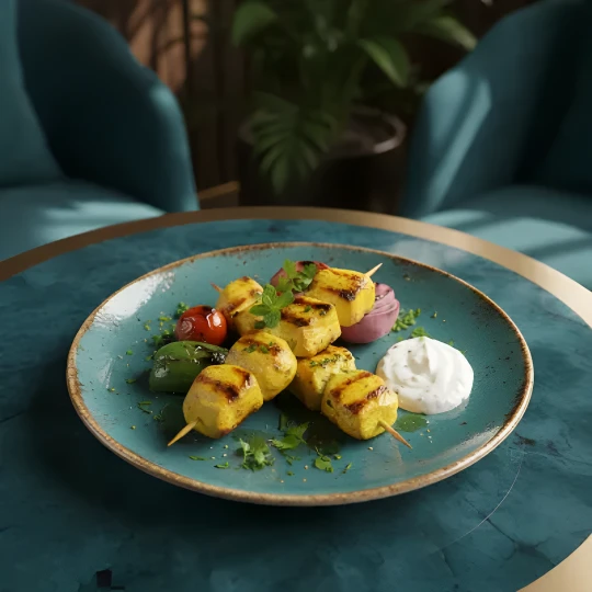 yellow grilled chicken skewers with char marks on teal plate with green vegetables, red tomatoes, purple mash, white sauce, and blurred teal chairs background.