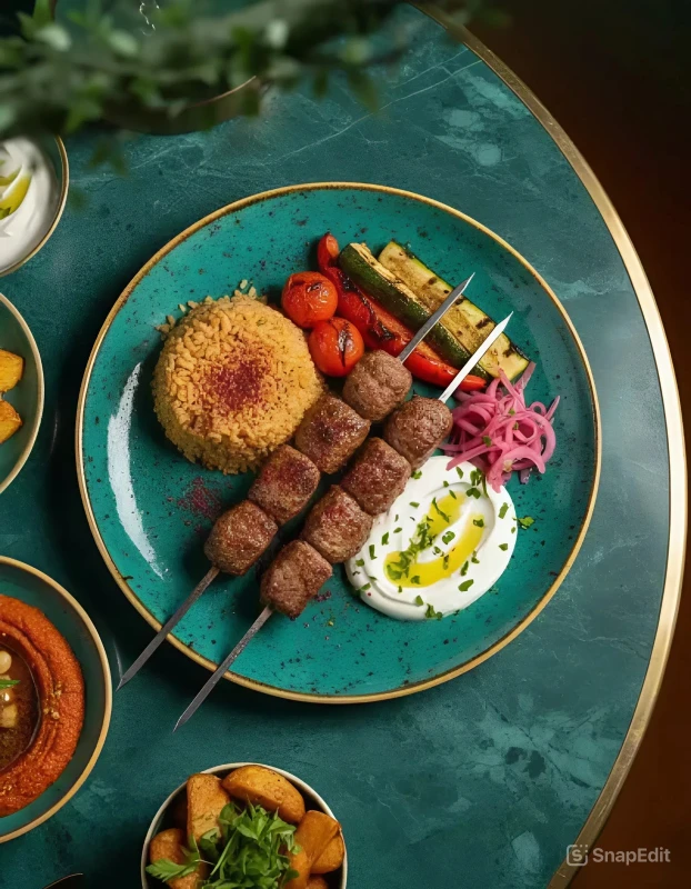 dark brown grilled lamb kebabs on skewers on teal plate with golden rice, red tomatoes, green zucchini, pink pickled onions, and white sauce.