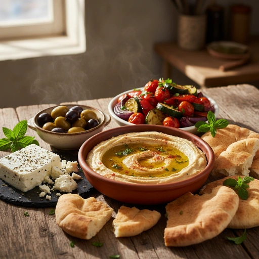 Mediterranean food spread on wooden table. Hummus bowl with olive oil, herbs, and paprika. Torn pita, feta cheese, mixed olives, and roasted vegetables with steam. Fresh mint. Warm sunlight creates inviting atmosphere.